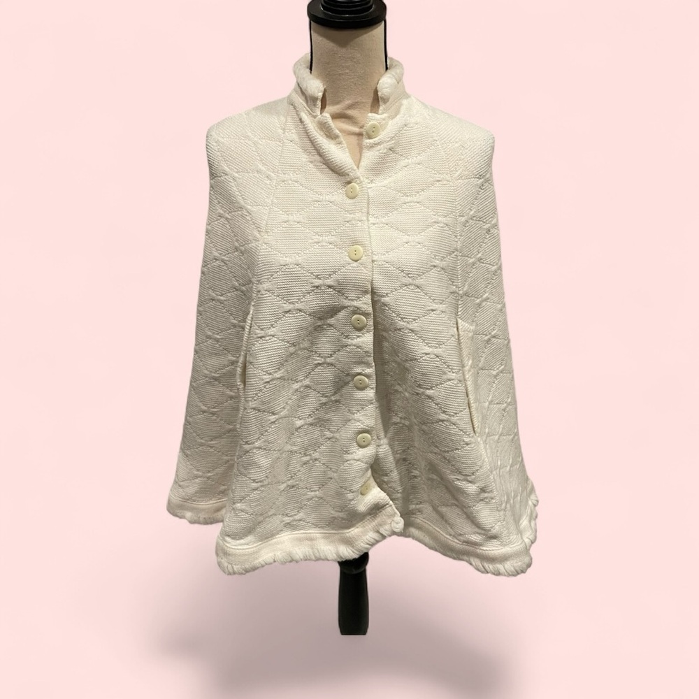 Vintage 70’s creamy white textured sweater knit cape button front tall collar